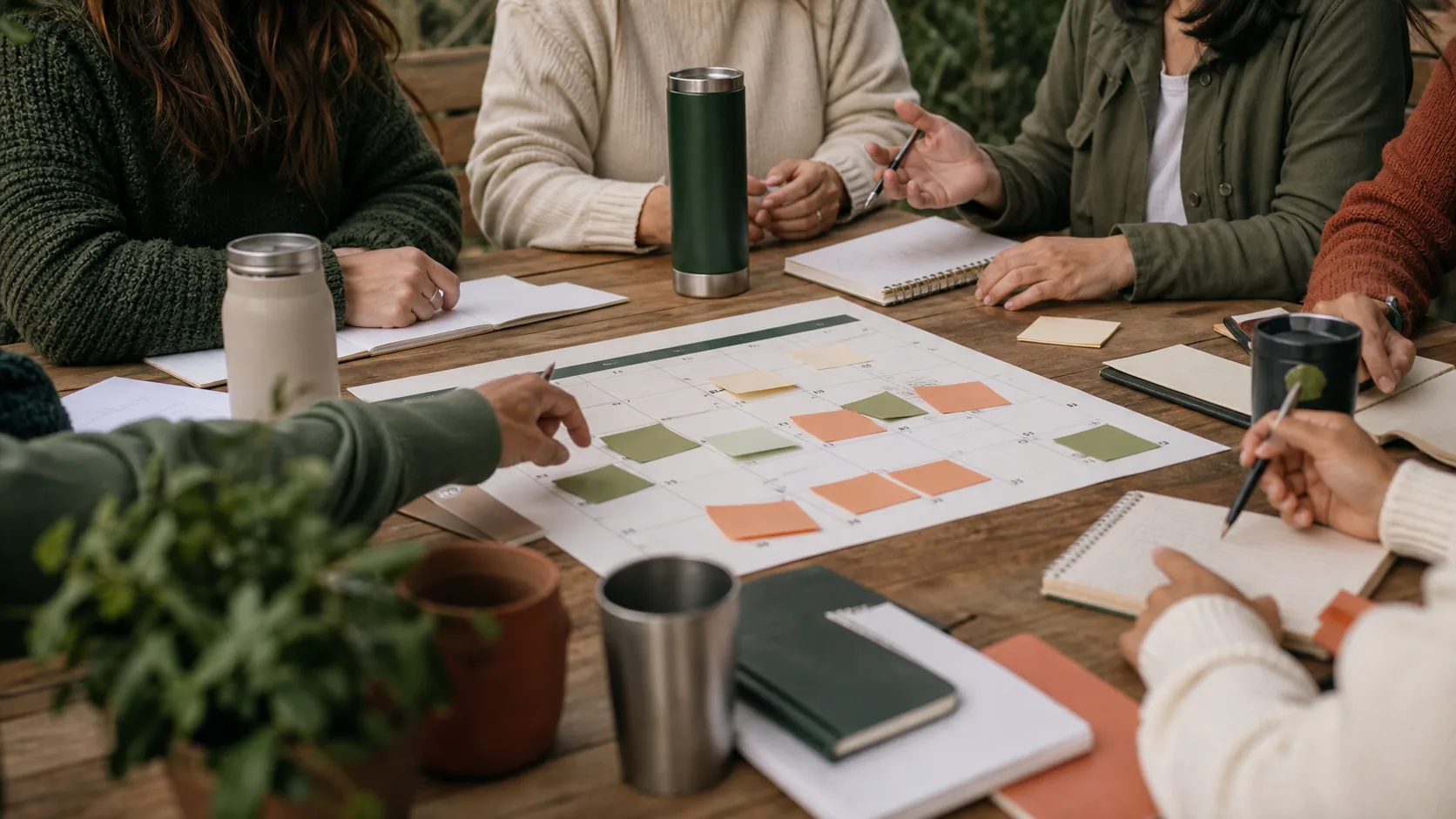 Personas coordinan tareas alrededor de una mesa con cuadernos y un calendario